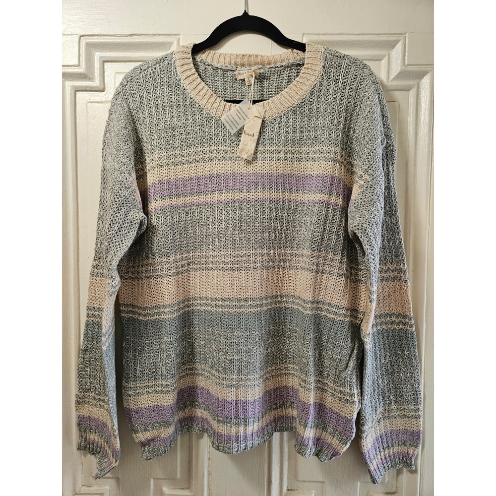 Hem & Thread Striped Knit Sweater Sage Green Cream Lavender NWT